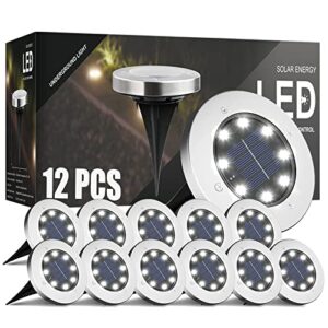 dosyu solar ground lights, 12 pack 8 led solar disk lights outdoor in-ground garden lights, waterproof landscape lights for lawn pathway yard deck patio walkway, cold white