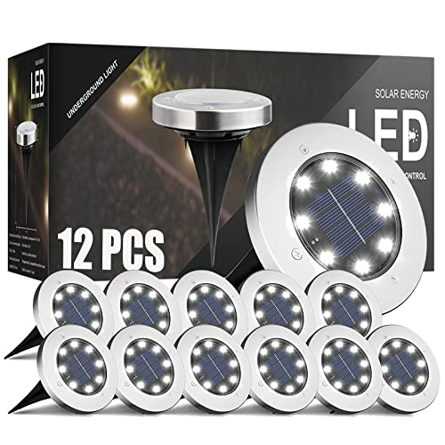 DOSYU Solar Ground Lights, 12 Pack 8 LED Solar Disk Lights Outdoor in-Ground Garden Lights, Waterproof Landscape Lights for Lawn Pathway Yard Deck Patio Walkway, Cold White