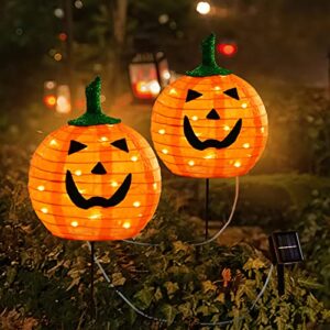 pltcat solar halloween pumpkin led lights, set of 2 pumpkin stake lights 2 modes for outdoor halloween pathway yard garden decoration