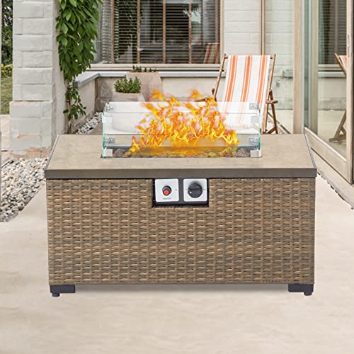 Patio Propane Fire Pit Table - 32 inch Outdoor PE Rattan Rectangle Tan Wicker Gas Fire Table with Ceramic Tile Tabletop, Glass Wind Guard for Outside, Garden, Backyard, Brown