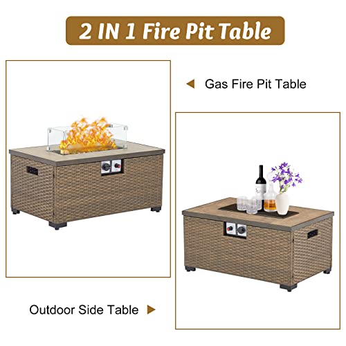 Patio Propane Fire Pit Table - 32 inch Outdoor PE Rattan Rectangle Tan Wicker Gas Fire Table with Ceramic Tile Tabletop, Glass Wind Guard for Outside, Garden, Backyard, Brown