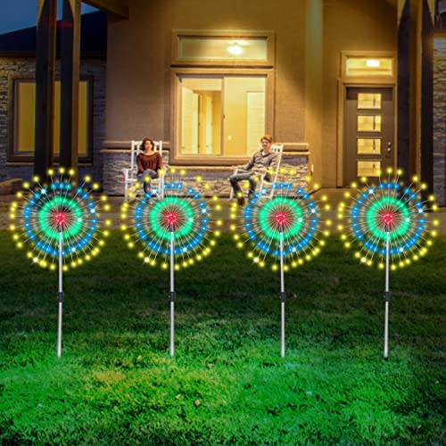 IQGVEB Solar Lights Outdoor Firework, Timer 4PCS Gorgeous Garden Lights with Remote Automatic Switch 8 Modes Dimming Levels, Waterproof Sparkles Landscape Pathway Lights