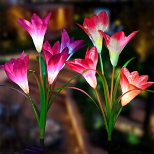 doingart outdoor solar garden lights – upgraded solar flower lights, multi-color changing lily flower lights for patio,yard decoration, bigger flower and wider solar panel (2 pack, purple and pink)