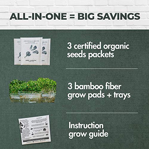 Self-Watering Microgreens Growing Kit - 3 Micro Greens from Organic Non-GMO Seeds - Window Garden or Counter Top - 3 Biodegradable Bamboo Seed Sprouting Pads + Microgreen Tray + Grow Guide