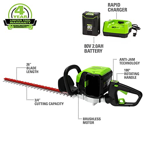 Greenworks Pro 80V 26" Cordless Hedge Trimmer, 2.0Ah Battery and Charger Included