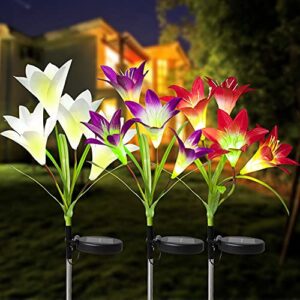 muyun solar flower stake lights outdoor garden lights 3 pack color changing decorative lights with lily flower for patio, lawn, garden, yard