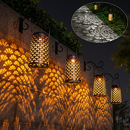 JSOT Solar Lanterns,4 Pack Hanging Outdoor Lights Waterproof Metal Solar Pathway Lights Landscape Lighting Garden Backyard Decorative Lamp for Walkway Path Patio Porch 2 Light Modes Amber/Cool White