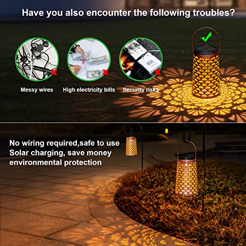 JSOT Solar Lanterns,4 Pack Hanging Outdoor Lights Waterproof Metal Solar Pathway Lights Landscape Lighting Garden Backyard Decorative Lamp for Walkway Path Patio Porch 2 Light Modes Amber/Cool White