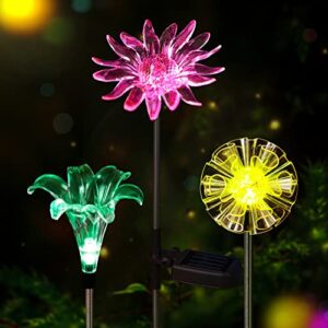 solar garden lights outdoor – 3 pack led figurine stake lights solar powered, decorative multi-color changing flower landscape lighting dandelion lily sunflower for path yard lawn halloween christmas