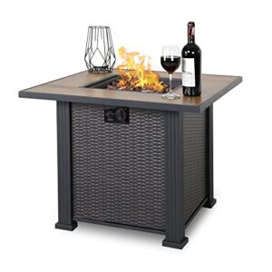 nuu garden 30 inch 40,000 btu propane gas fire pit table, steel and wicker square outdoor fire table with lid, lava rocks, etl certification, for balcony, patio, garden, party, black