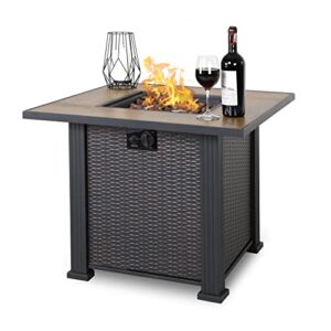 Nuu Garden 30 Inch 40,000 BTU Propane Gas Fire Pit Table, Steel and Wicker Square Outdoor Fire Table with Lid, Lava Rocks, ETL Certification, for Balcony, Patio, Garden, Party, Black