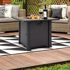 Nuu Garden 30 Inch 40,000 BTU Propane Gas Fire Pit Table, Steel and Wicker Square Outdoor Fire Table with Lid, Lava Rocks, ETL Certification, for Balcony, Patio, Garden, Party, Black