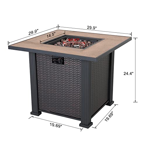Nuu Garden 30 Inch 40,000 BTU Propane Gas Fire Pit Table, Steel and Wicker Square Outdoor Fire Table with Lid, Lava Rocks, ETL Certification, for Balcony, Patio, Garden, Party, Black