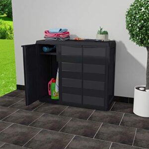 Festnight Garden Storage Cabinet with 2 Ventilated Adjustable Shelves Patio Tool Shed Water Resistant Lawn Care Equipment Pool Supplies Storage Organizer Black 38.2 x 15 x 34.3 Inches (L x W x H)