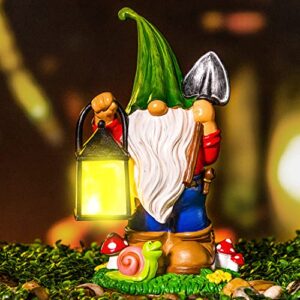 joiedomi outdoor gnome statue with solar led lights, christmas resin gnome figurine with lantern, solar garden yard lawn gnome decoration lights (hanging lantern)
