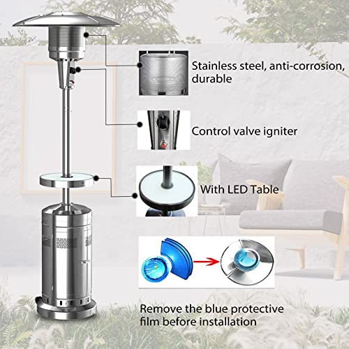 ROMONICA 48000BTU outdoor garden Silvery heater high vertical hammer facing garden outdoor heater propane vertical, with wheels and LED table, stainless steel - 6 set