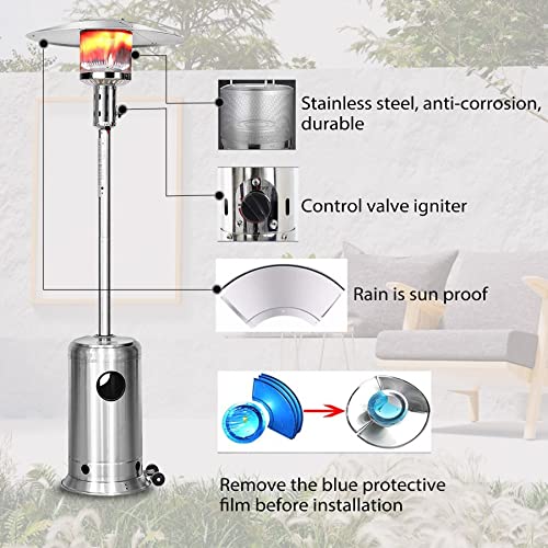 ROMONICA 48,000BTU Outdoor Patio Heater Tall Standing Hammered Finish Garden Outdoor Heater Propane Standing, Stainless steel outdoor space gas heater with wheels, Silvery - 4 set