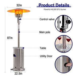 PIONOUS 48000BTU Outdoor Patio with Wheel and Table Heater, Gas Heater for Iindoor and Outdoor use for Garden, Deck, Party, Library, Camping - 6 Set, Silver