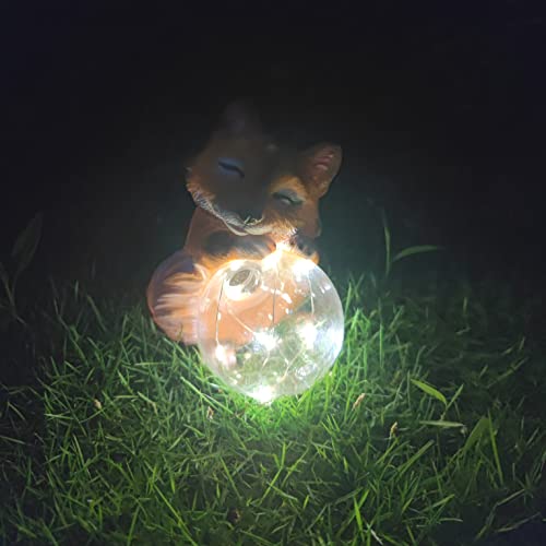 Garden Décor Cute Fox Sculptures & Statues Cat Figurine Holding Magic Ball with Solar LED Lights, Perfect Yard Gift Solar Garden Decoration for Patio Landscape Lawn Porch, Ornament (Fox)