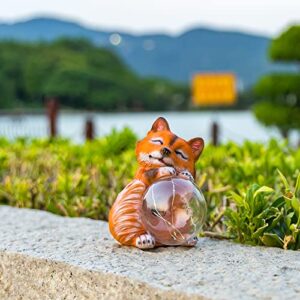 Garden Décor Cute Fox Sculptures & Statues Cat Figurine Holding Magic Ball with Solar LED Lights, Perfect Yard Gift Solar Garden Decoration for Patio Landscape Lawn Porch, Ornament (Fox)