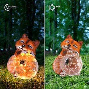 Garden Décor Cute Fox Sculptures & Statues Cat Figurine Holding Magic Ball with Solar LED Lights, Perfect Yard Gift Solar Garden Decoration for Patio Landscape Lawn Porch, Ornament (Fox)