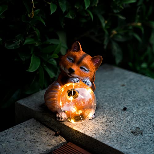 Garden Décor Cute Fox Sculptures & Statues Cat Figurine Holding Magic Ball with Solar LED Lights, Perfect Yard Gift Solar Garden Decoration for Patio Landscape Lawn Porch, Ornament (Fox)