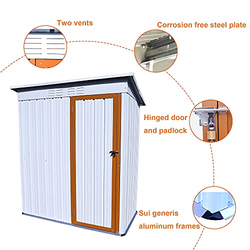 MOEO 5' x 3' Outdoor Metal Storage Shed, Galvanized Metal Shed with Lockable Doors, Tool Storage Shed for Backyard, Patio, Lawn, Garden, Trash Cans, White