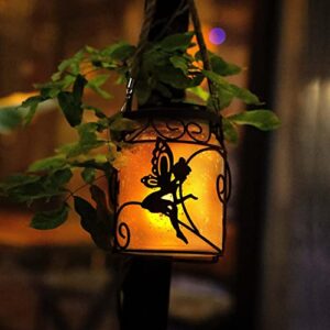 ostritec solar lantern outdoor, flickering flame hanging lantern, waterproof solar fairy lantern , heavy duty retro metal frosted glass decor for yard, patio, garden, path, rv, halloween gift