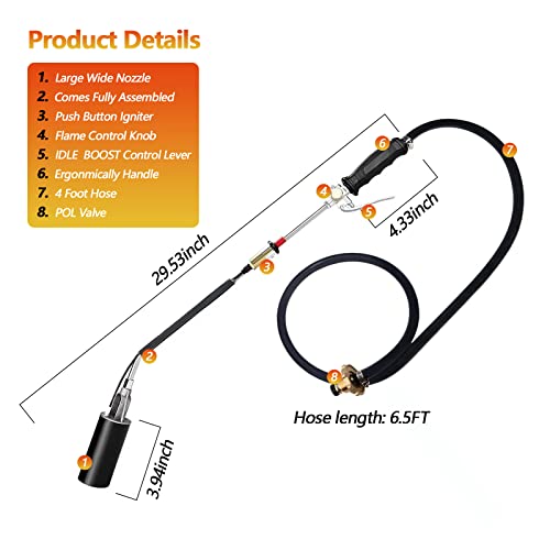 Powerful Propane Torch Weed Burner,High Output 700,000 BTU,Flamethrower with Turbo Trigger Push Button Igniter and 6.5 FT Hose,Flame Thrower Fire Gun for Burning Weeds,Ice Snow,Road Marking,Charcoal