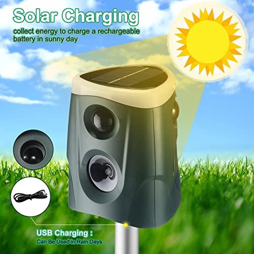 Solar Animal Repeller Ultrasonic Repellent Alarm Sound Cat Deterrent Multi Modes Mole Repellent Motion Detection LED Flashing Light to Repel Dog Raccoon Bird Squirrels Fox Garden Animal Green(4 Pack)