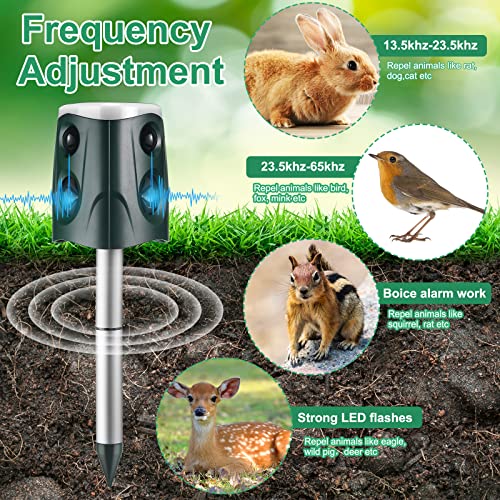 Solar Animal Repeller Ultrasonic Repellent Alarm Sound Cat Deterrent Multi Modes Mole Repellent Motion Detection LED Flashing Light to Repel Dog Raccoon Bird Squirrels Fox Garden Animal Green(4 Pack)