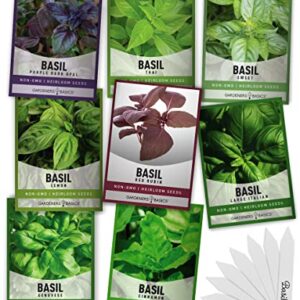 Basil Seeds for Planting Home Garden - 8 Variety Herb Pack Genovese, Large Leaf, Lemon, Thai, Red Rubin, Cinnamon, Sweet and Purple Opal Basil Herb Seeds for Indoors & Outdoors by Gardeners Basics