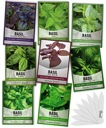 Basil Seeds for Planting Home Garden - 8 Variety Herb Pack Genovese, Large Leaf, Lemon, Thai, Red Rubin, Cinnamon, Sweet and Purple Opal Basil Herb Seeds for Indoors & Outdoors by Gardeners Basics