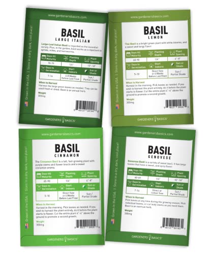 Basil Seeds for Planting Home Garden - 8 Variety Herb Pack Genovese, Large Leaf, Lemon, Thai, Red Rubin, Cinnamon, Sweet and Purple Opal Basil Herb Seeds for Indoors & Outdoors by Gardeners Basics