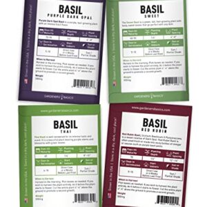 Basil Seeds for Planting Home Garden - 8 Variety Herb Pack Genovese, Large Leaf, Lemon, Thai, Red Rubin, Cinnamon, Sweet and Purple Opal Basil Herb Seeds for Indoors & Outdoors by Gardeners Basics