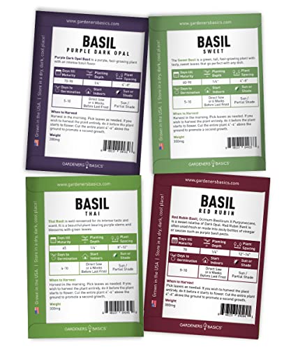 Basil Seeds for Planting Home Garden - 8 Variety Herb Pack Genovese, Large Leaf, Lemon, Thai, Red Rubin, Cinnamon, Sweet and Purple Opal Basil Herb Seeds for Indoors & Outdoors by Gardeners Basics