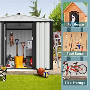 Incbruce 6x4 Ft Outdoor Storage Shed Double Sloping Roof Garden Shed, Galvanized Metal Storage Shed with Sliding Door, Metal Shed Kit with Double Doorknobs and Air Vents (White)