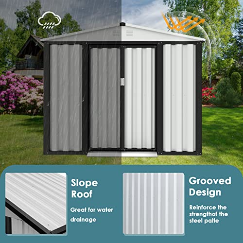 Incbruce 6x4 Ft Outdoor Storage Shed Double Sloping Roof Garden Shed, Galvanized Metal Storage Shed with Sliding Door, Metal Shed Kit with Double Doorknobs and Air Vents (White)