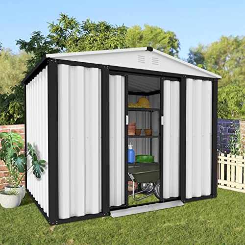 Incbruce 6x4 Ft Outdoor Storage Shed Double Sloping Roof Garden Shed, Galvanized Metal Storage Shed with Sliding Door, Metal Shed Kit with Double Doorknobs and Air Vents (White)