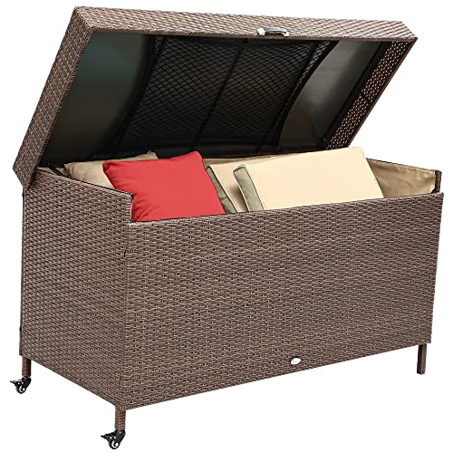 YITAHOME 200 Gallon Large Wicker Deck Box w/Storage Net, Rattan XL Outdoor Storage Box Patio Cushion Storage, Waterproof Storage Box for Patio Furniture, Garden Tools, Pool Sports Equipment (Brown)