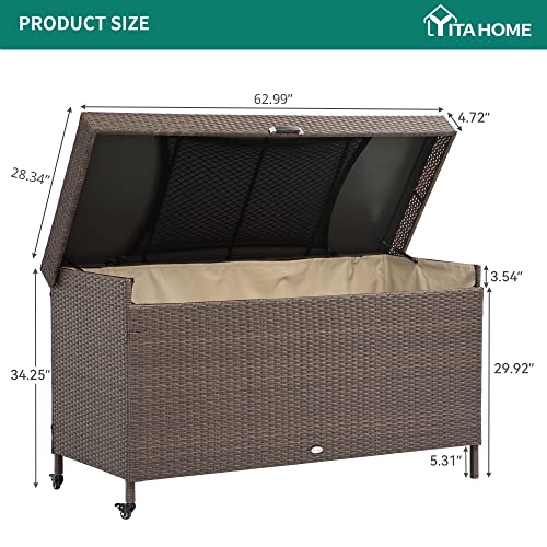 YITAHOME 200 Gallon Large Wicker Deck Box w/Storage Net, Rattan XL Outdoor Storage Box Patio Cushion Storage, Waterproof Storage Box for Patio Furniture, Garden Tools, Pool Sports Equipment (Brown)