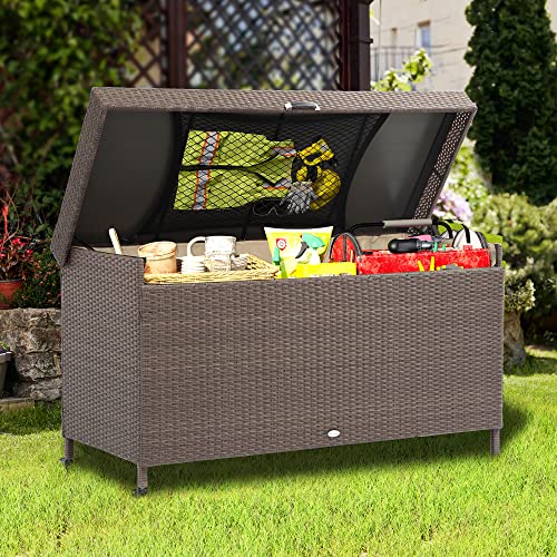 YITAHOME 200 Gallon Large Wicker Deck Box w/Storage Net, Rattan XL Outdoor Storage Box Patio Cushion Storage, Waterproof Storage Box for Patio Furniture, Garden Tools, Pool Sports Equipment (Brown)