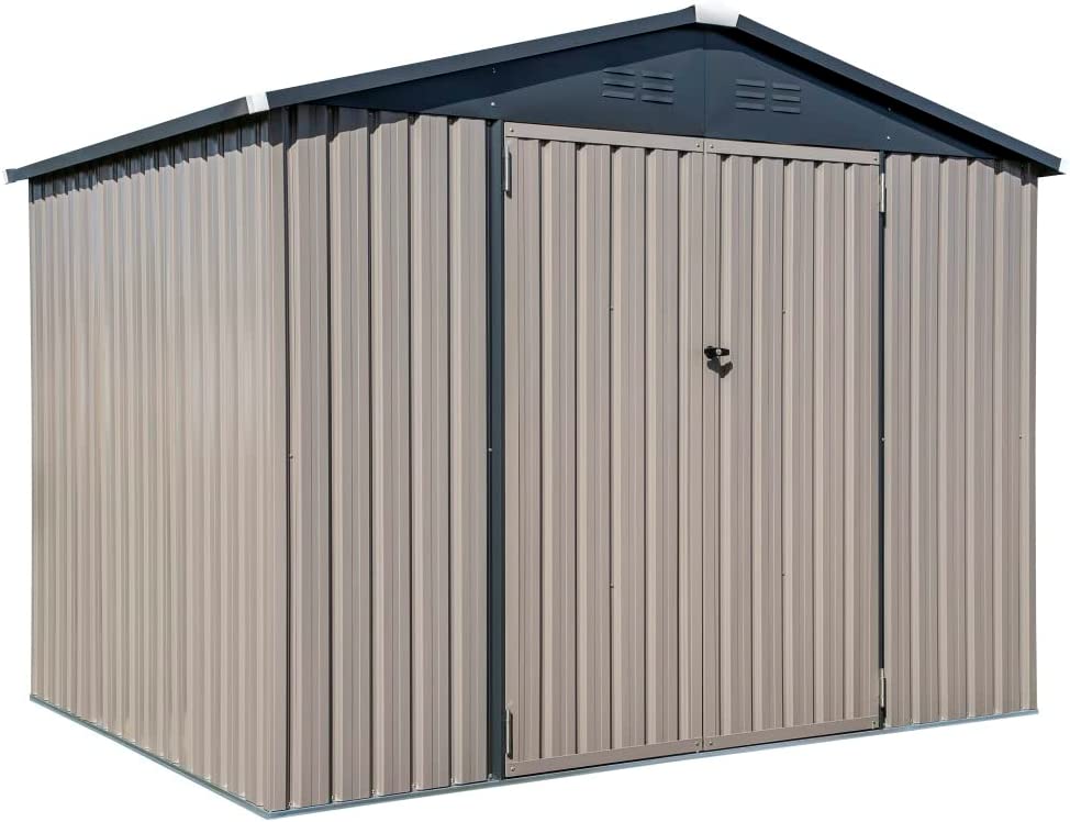 Cover-It 8x6 Metal Outdoor Galvanized Steel Storage Shed with Swinging Double Lockable Doors for Backyard or Patio Storage of Bikes, Grills, Supplies, Tools, Toys, for Lawn, Garden, and Camping, Tan