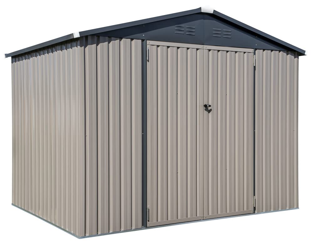 Cover-It 8x6 Metal Outdoor Galvanized Steel Storage Shed with Swinging Double Lockable Doors for Backyard or Patio Storage of Bikes, Grills, Supplies, Tools, Toys, for Lawn, Garden, and Camping, Tan