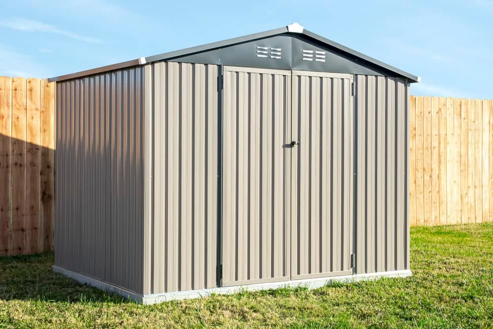 Cover-It 8x6 Metal Outdoor Galvanized Steel Storage Shed with Swinging Double Lockable Doors for Backyard or Patio Storage of Bikes, Grills, Supplies, Tools, Toys, for Lawn, Garden, and Camping, Tan