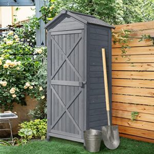 outdoor wooden storage cabinet waterproof, garden tool shed with shelves & folding workstation, outside vertical shed with adjustable pegs, fir wood, lockable arrow, gray