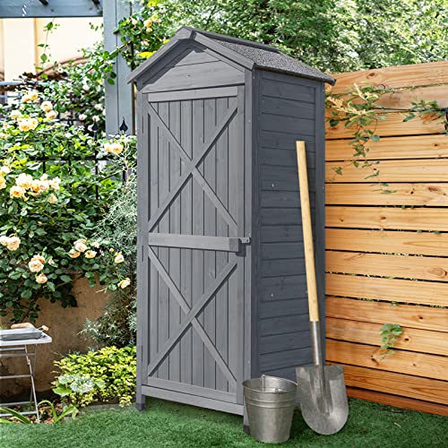 Outdoor Wooden Storage Cabinet Waterproof, Garden Tool Shed with Shelves & Folding Workstation, Outside Vertical Shed with Adjustable Pegs, Fir Wood, Lockable Arrow, Gray