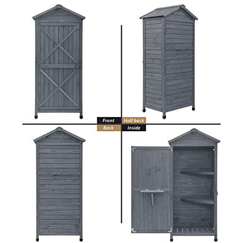 Outdoor Wooden Storage Cabinet Waterproof, Garden Tool Shed with Shelves & Folding Workstation, Outside Vertical Shed with Adjustable Pegs, Fir Wood, Lockable Arrow, Gray