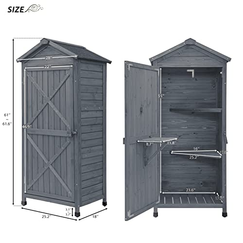 Outdoor Wooden Storage Cabinet Waterproof, Garden Tool Shed with Shelves & Folding Workstation, Outside Vertical Shed with Adjustable Pegs, Fir Wood, Lockable Arrow, Gray