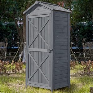 Outdoor Wooden Storage Cabinet Waterproof, Garden Tool Shed with Shelves & Folding Workstation, Outside Vertical Shed with Adjustable Pegs, Fir Wood, Lockable Arrow, Gray